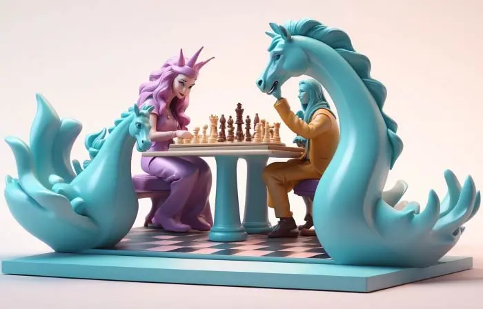 King and Queen Playing Chess 3D Design Illustration